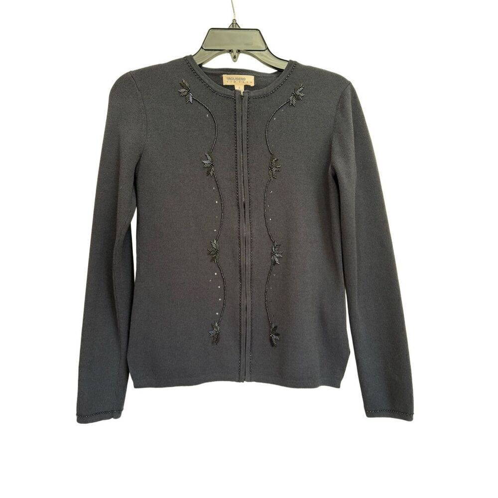 Trousers New York women’s small black zip up beaded knit sweater coat jacket car
